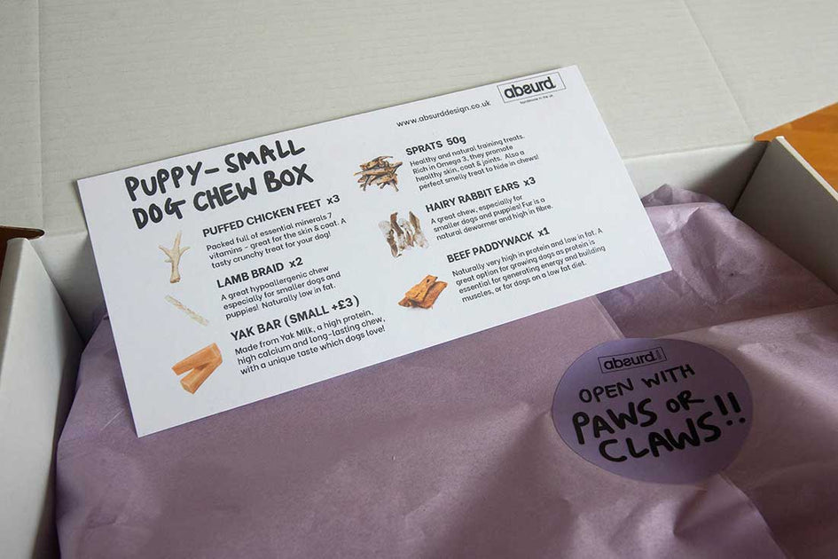 Dog Chew Box 'Puppy Small Dog' monthly subscription available Absurd Design