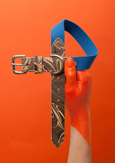 blue webbing and marbled leather dog collar