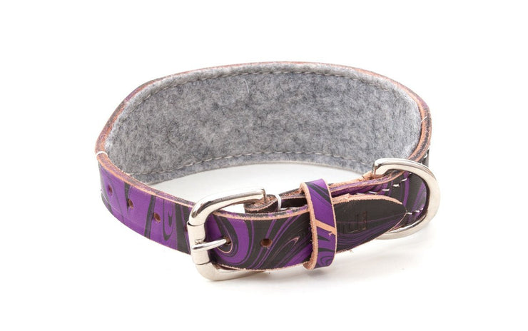 Leather hound collar showing buckle and grey felt lining