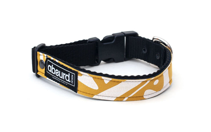 neoprene dog collar with funky mustard and white design