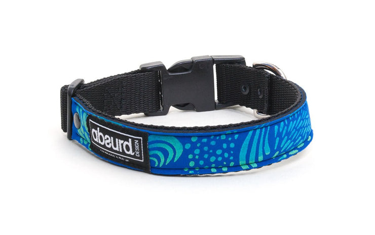 Screen printed blue design on neoprene collar: Reef 