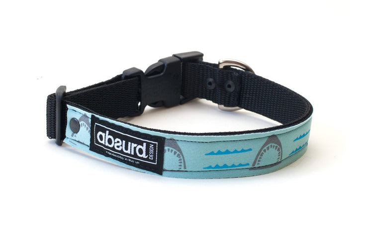 Blue neoprene dog collar with grey shark design