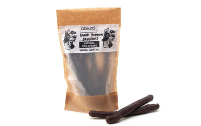 Bag of Absurd Design Black Pudding Sausages showing two 8" sausages in front of bag