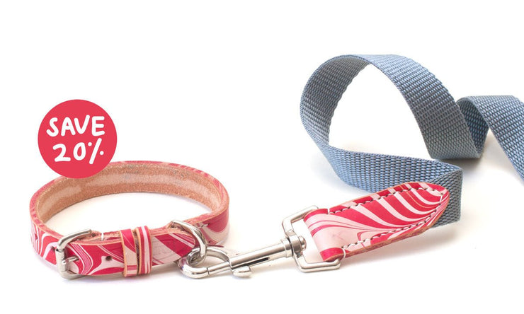 pretty red marbled leather dog collar + lead set, save 20%
