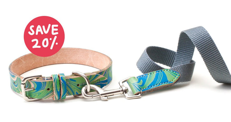 patterned blue and green leather collar + webbing lead matching set