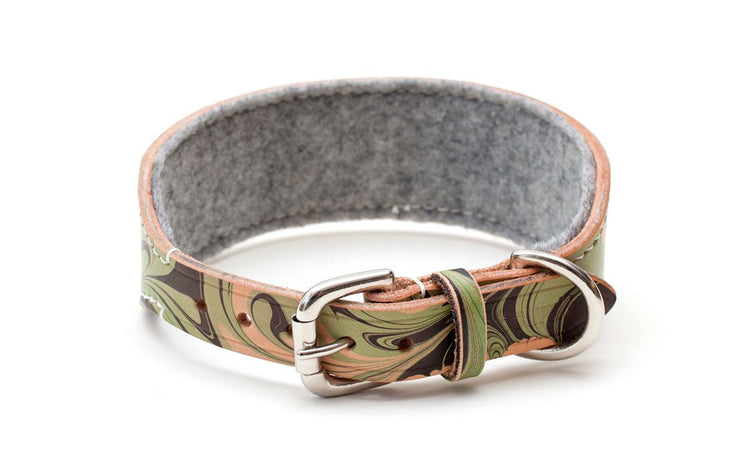 Leather hound collar showing buckle and grey felt lining