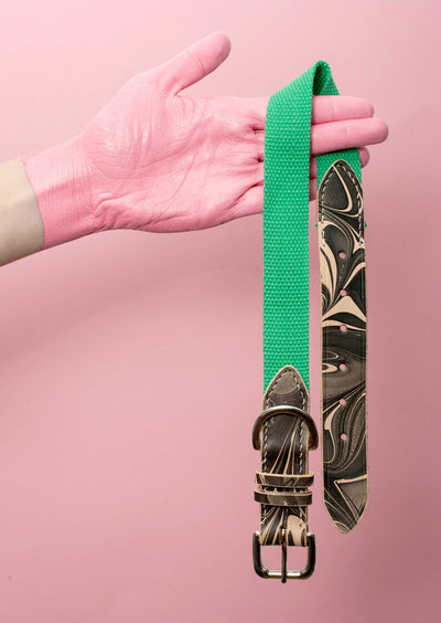 green webbing and marbled leather dog collar